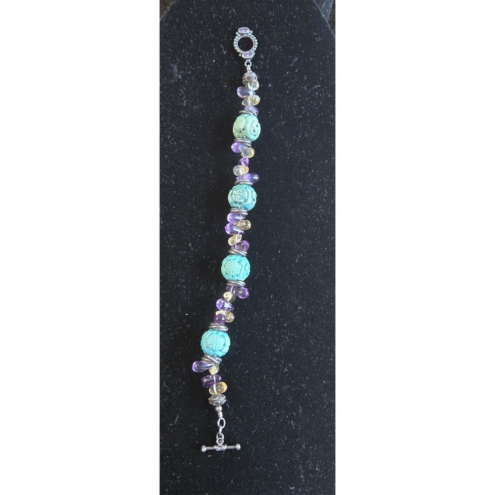 .925 Silver Bracelet Carved Stone Resin Beads Oriental Asian